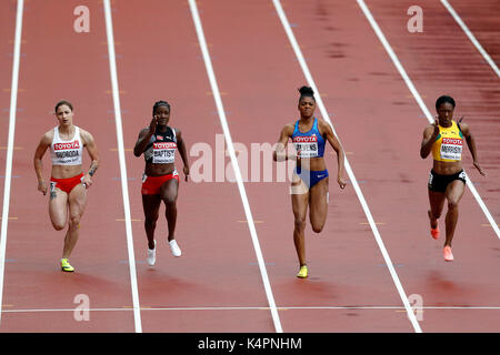 Natasha MORRISON (Jamaïque), Deajah STEVENS (Etats-Unis d'Amérique), Kelly-Ann BAPTISTE (Trinité-et-Tobago), Ewa SWOBODA (Pologne) qui se font concurrence dans la Women's 100m 6 au 2017, championnats du monde IAAF, Queen Elizabeth Olympic Park, Stratford, London, UK. Banque D'Images