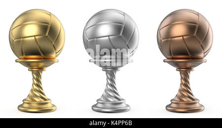 Or, argent et bronze trophy cup volley-ball 3D render illustration isolé sur fond blanc Banque D'Images