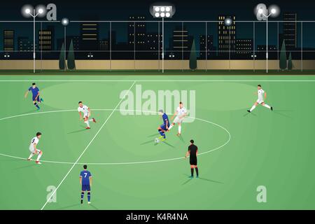 Un vecteur illustration de personnes jouant au football dans la nuit Illustration de Vecteur