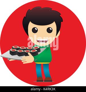 Livraison sushi. affiche caractère joyeux lumineux dans un style plat Illustration de Vecteur