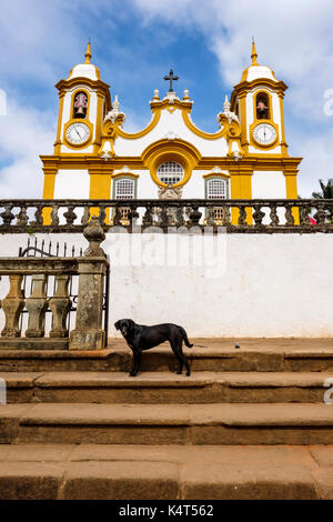 Chien Noir en face de l'église Matriz de Santo Antonio, le plus ancien et le principal temple catholique de Tiradentes, Minas Gerais, Brésil. Banque D'Images