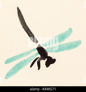 La formation en dessin suibokuga sumi-e with style - avec des ailes de libellule verte peint à la main sur du papier de couleur crème Banque D'Images