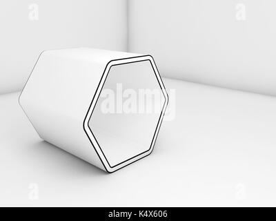 Objet hexagonal blanc avec contour noir se tient dans la salle vide intérieur, 3d illustration Banque D'Images