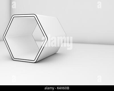 Objet hexagonal blanc avec contour noir se tient dans la salle vide, l'intérieur de rendu 3d illustration Banque D'Images