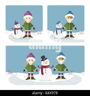 Enfants jouant sur une journée d'hiver ensoleillée. Vector illustration set Illustration de Vecteur
