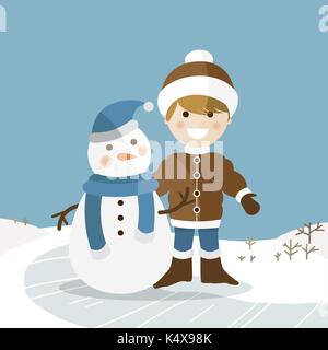 Heureux garçon avec son bonhomme de neige sur une journée d'hiver ensoleillée. Vector illustration Illustration de Vecteur