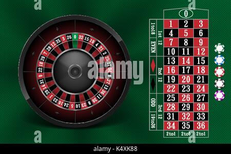 Les jeux de casino avec la conception de base de la roulette et réaliste des jetons de casino. roulette table isolé sur fond vert. vector illustration. Illustration de Vecteur
