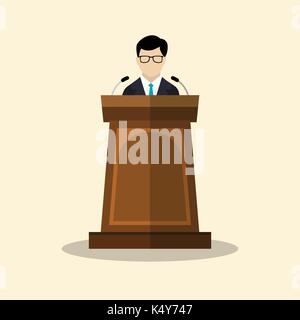 Le président icône. orator parlant d'humains, hommes d'affaires avec podium, vector illustration colorée de style plat Illustration de Vecteur