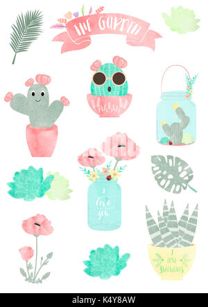 Ensemble de plantes succulentes, plantes et cactus en effet aquarelle Banque D'Images