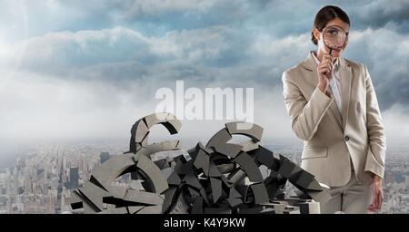 Digital composite de Pièces de béton pierre avec de l'argent symbole de l'euro et businesswoman in art Banque D'Images
