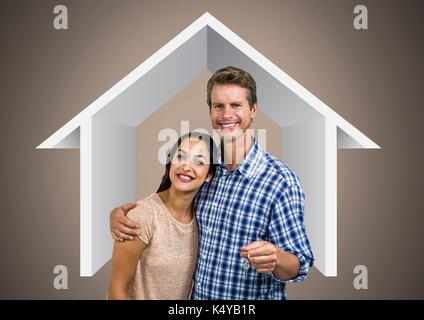 Digital composite of Couple Holding touche avec l'icône de maison en face de la vignette Banque D'Images