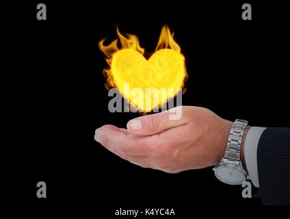 Digital composite de pair avec l'icône sur l'incendie du coeur. Fond noir Banque D'Images