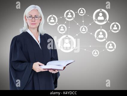 Digital composite de femme juge avec livre ouvert contre l'arrière-plan gris avec réseau blanc Banque D'Images