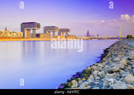 Vue sur le Rhin à Rheinauhafen, Kranhäuser, la cathédrale de Cologne, Severinsbrücke, Cologne, Rhénanie-du-Nord-Westphalie, Allemagne Banque D'Images