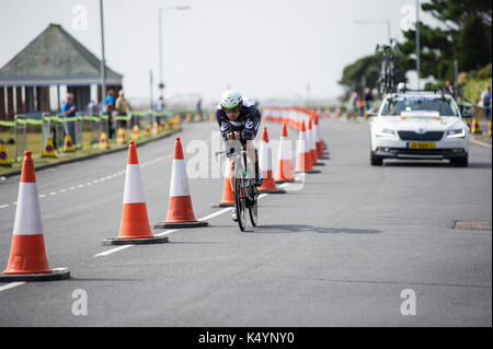 Britain's Pro Cycling 2017 Tour de Grande-Bretagne - 5e étape - l'étape de tendring individuelle contre la montre à bord de clacton. riders ride 16km, ou 10 milles. tendring dans l'Essex, a été choisie pour accueillir l'épreuve individuelle étape au cours de cette année, l'énergie ovo tour of Britain, comme le world's top riders contest la course contre la montre lors de l'étape 5 le jeudi 7 septembre. Banque D'Images