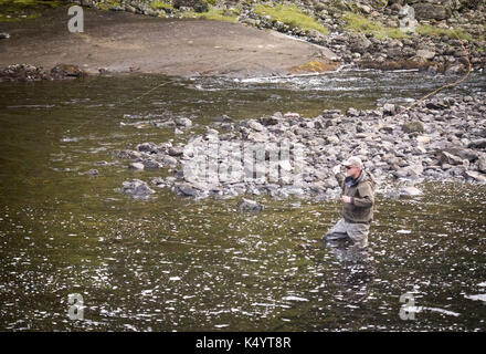 Afjord, nord-trondelag (Norvège). 8e août 2017. La rivière stordalselva, près de afjord, Norvège, dépôts dans le fjord et morri est bien connu pour la pêche de mouche dans la région. Un pêcheur de mouche les eaux au pied de la rivière stordalselva falls. crédit : david bro/zuma/Alamy fil live news Banque D'Images