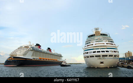 Port Canaveral, united states. 07Th nov, 2017. Le 7 septembre 2017- port Canaveral, Floride, États-Unis - le navire de croisière de Disney fantasy (à gauche) des chefs sur la mer de Port Canaveral, en Floride, avec seulement son équipage après son retour au début d'une croisière sur le 7 septembre 2017 que l'ouragan irma approche de l'état de la Floride comme une tempête de catégorie 5. Disney annulé samedi de la voile du navire à passagers à 2 500 et un autre sur un navire-jumeau. Royal Caribbean's Majesty of the seas bateau de croisière, vu à droite, est revenu un jour plus tôt à partir d'une croisière en raison de l'approche de l'ouragan. crédit : Paul Hennessy/Alamy l Banque D'Images