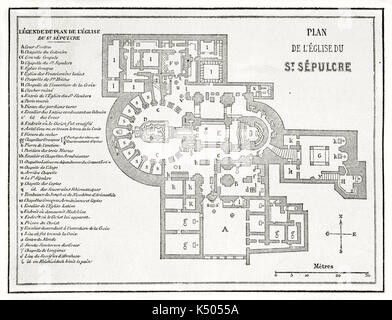Plan architectural de l'Église du Saint-Sépulcre à Jérusalem avec une légende française détaillée, orientation horizontale. Paris, 1862. Banque D'Images