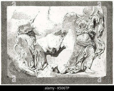 Reproduction d'une gravure ancienne haut relief sculpté par metope phidia dans le Parthénon, Athènes. créé par therond après photo par auteur inconnu, publié sur le tour du monde, Paris, 1862 Banque D'Images