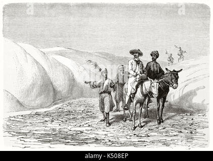 L'ancien meilleur accompagné de guides locaux d'orient à travers le désert dans le désert de l'Égypte. zone Thébaïde Créé par Girardet après Georges publié sur le Tour du Monde Paris 1862 Banque D'Images