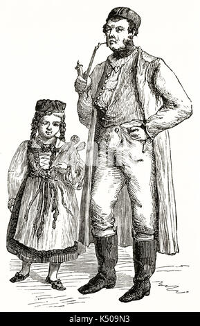 Vieille illustration d'un homme et l'enfant isolé Wurtemberg posant en vêtements traditionnels de l'Allemagne sur fond blanc. Créé par Lancelot et Gauchard publié sur le Tour du Monde Paris 1862 Banque D'Images