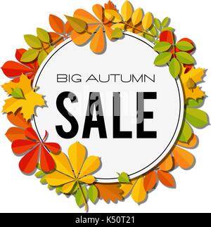 Vente bannière avec les feuilles d'automne lumineux isolé sur fond blanc. Illustration de Vecteur