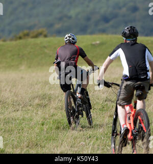 Minchinhampton commun dans le sud des Cotswolds gloucestershire Angleterre Royaume-Uni. août 2017. Les jeunes hommes sur des vtt randonnée sur les terres communes Banque D'Images