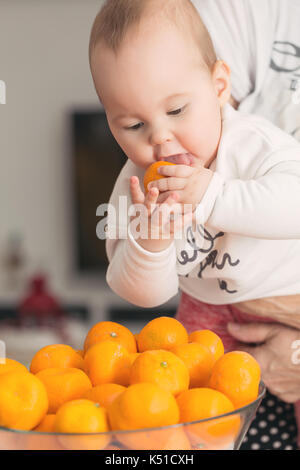 8 mois bébé fille sucer une mandarine pris du bol en face d'elle Banque D'Images