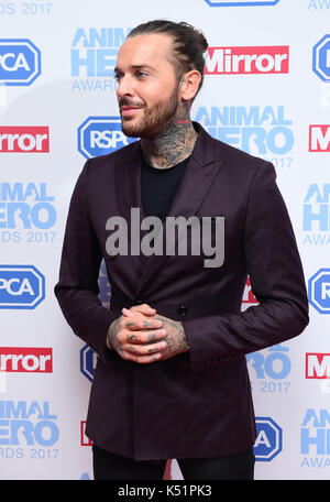 Pete Wicks participant aux Animal Hero Awards organisés à Grosvenor House Hotel, Londres.APPUYEZ SUR ASSOCIATION photo.Date de la photo : jeudi 7 septembre 2017.Le crédit photo devrait se lire comme suit : Ian West/PA Wire Banque D'Images