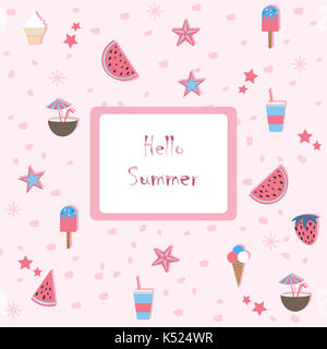 Bonjour l'été. L'été modèle transparent avec des pastèques et fraise. background, fruits d'été. vector illustration.L'été Camp de vacances de l'affiche. Banque D'Images
