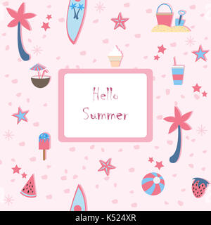 Bonjour l'été. L'été modèle transparent avec palmiers, cocotiers, glaces, et fraise. background, fruits d'été. vector illustration.summer holi Banque D'Images