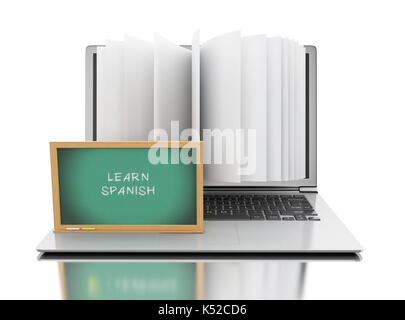 3d illustration. ordinateur portable avec des pages de livre et 'apprendre l'espagnol" texte sur tableau noir. e-learning, bibliothèque numérique et l'éducation en ligne iso concept. Banque D'Images
