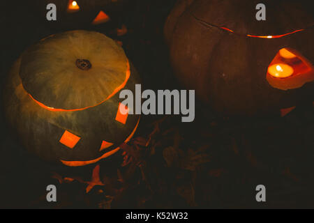 Portrait de Jack o lantern rougeoyer en chambre noire à l'Halloween Banque D'Images