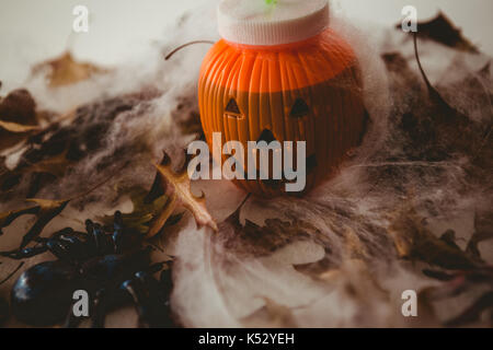 Portrait de verre au conteneur de jack o lantern avec décors sur fond blanc Banque D'Images