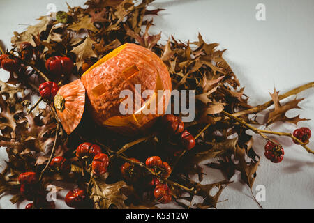 Portrait de Jack o lantern avec de petites citrouilles et feuilles d'automne sur fond blanc Banque D'Images