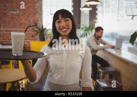Portrait de serveuse avec verre de smoothie tout businessman using laptop at counter in cafe Banque D'Images