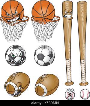 Vector cartoon clip art illustration jeu d'un ballon de soccer, football, baseball et bat et le basket-ball et net, chaque une avec et sans visage. Illustration de Vecteur