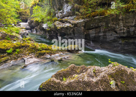 Atluck creek coupant à travers la création de calcaire en fonte huson pont naturel caverne dans peu d'huson grotte parc régional, nord de l'île de Vancouver, brit Banque D'Images