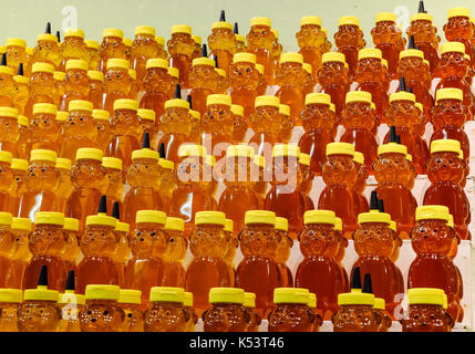 Pots de miel en forme d'ours sur des étagères. Banque D'Images