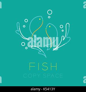 Deux poissons ou poissons, Plouf et Bulle d'air l'icône set Course outline logo design dash illustration isolé sur fond turquoise vert avec Illustration de Vecteur