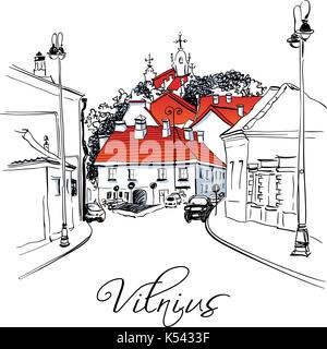 Rue typique de la vieille ville de Vilnius, Lituanie Illustration de Vecteur