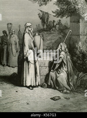 Ancien Testament. Livre de la Genèse. Eliezer et Rebecca au puits. Gravure de Gustave Dore (1832-1883). Banque D'Images