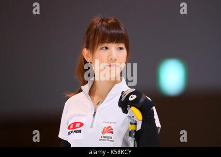 Hokkaido, Japon. Sep 9, 2017. ikue kitazawa () curling : play-off de décider la représentante des femmes du Japon pour les jeux olympiques d'hiver de pyeongchang 2018, deuxième manche macth entre ls kitami 5-7 chubu electric power au curling tokoro à Hokkaido, Japon . Crédit : naoki nishimura/aflo sport/Alamy live news Banque D'Images