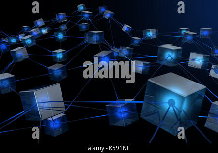 Un concept montrant un réseau de blocs de données interconnectées représentant une blockchain cryptocurrency données sur un fond sombre - 3D render Banque D'Images