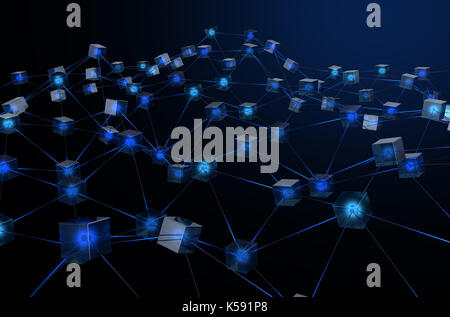 Un concept montrant un réseau de blocs de données interconnectées représentant une blockchain cryptocurrency données sur un fond sombre - 3D render Banque D'Images