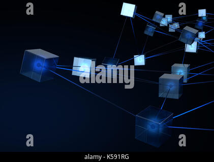 Un concept montrant un réseau de blocs de données interconnectées représentant une blockchain cryptocurrency données sur un fond sombre - 3D render Banque D'Images