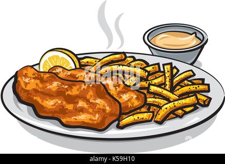 Illustration of battered fish and chips avec du citron et de la sauce Illustration de Vecteur