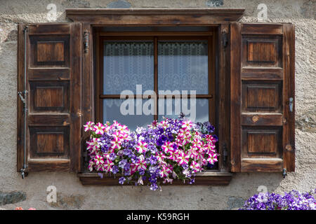 Fleurs sur rebord de la fenêtre avec des volets en bois ouverte, Livigno, italie Banque D'Images