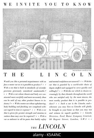 1930 La publicité pour la Ford Lincoln motor car, avec une illustration de l'Maythorn Coupe de Ville. Banque D'Images