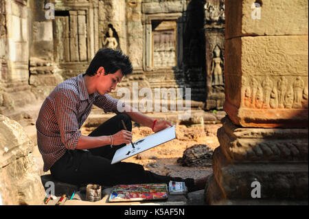 Siem Reap, Cambodge - Feb 10,2013:peinture Artiste en ruines d'Angkor Wat, Siem Reap, Cambodge. Banque D'Images